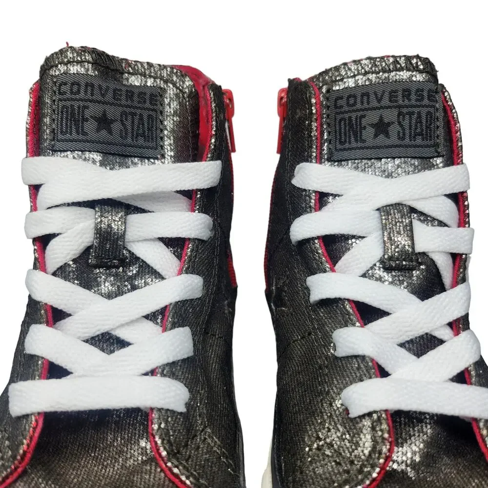 Converse All Star Shoes Juniors 13 Silver Metallic Shiny High Tops Hot Pink Zip